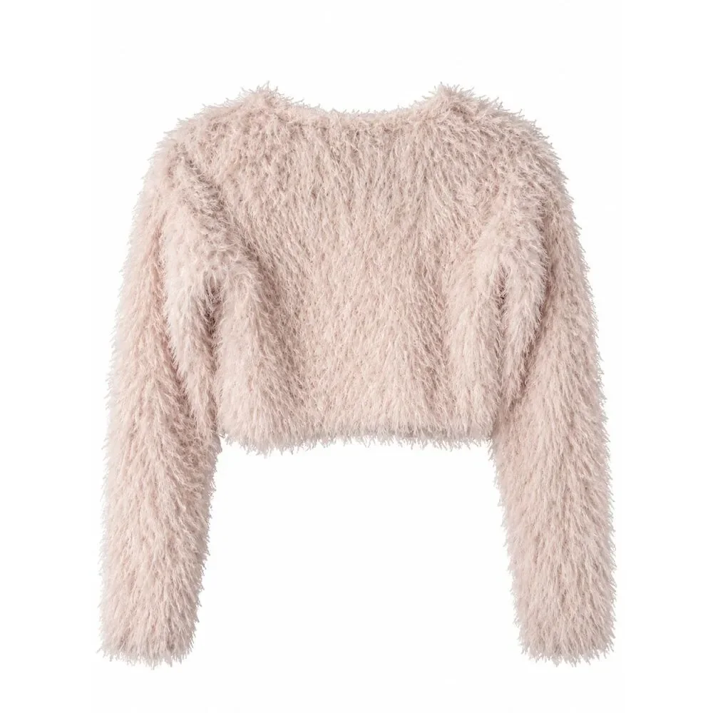 Zara Womens Small Blush Pink Fuzzy Eyelash Knit Cropped Sweater Long Sleeve